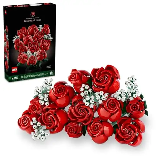 LEGO Botanicals Bouquet of Roses Artificial Flowers - Fake Red Roses Building Sets for Adults, Ages 18+ - Gift for Valentines Day for Her and Him - DIY Kits for Home Decorations - 10328